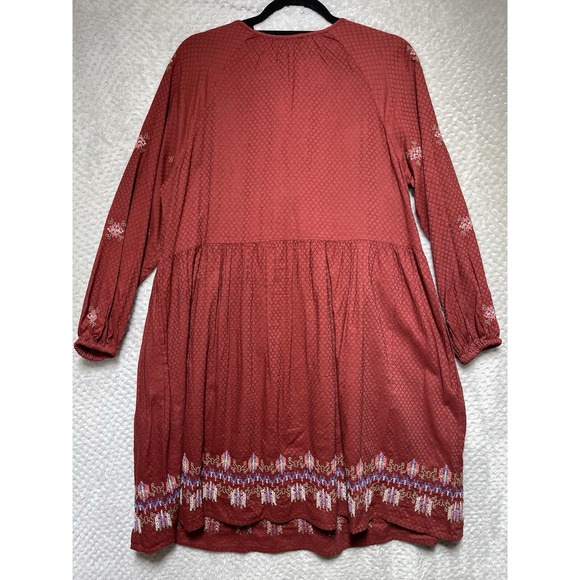 Knox Rose Maroon Boho Prairie Embroidered Long Sleeve Knee Length Dress L - Picture 2 of 13